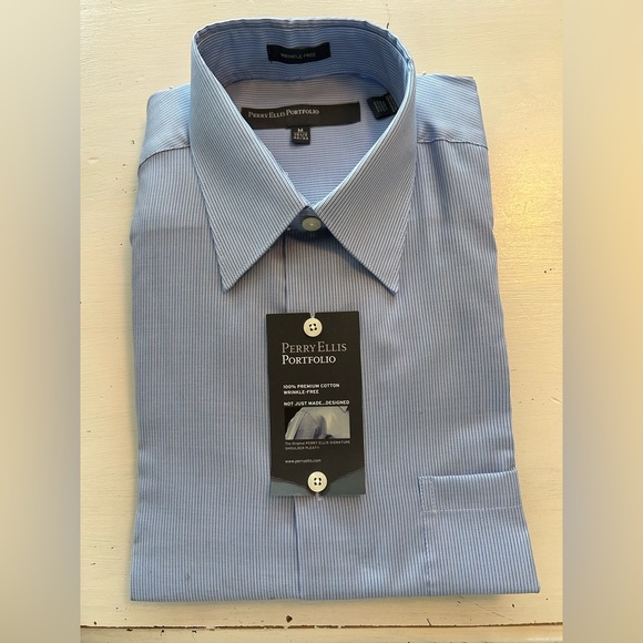 Perry Ellis Portfolio,  long sleeved blue/white pinstriped shirt 15.5-32/33 - Picture 1 of 6